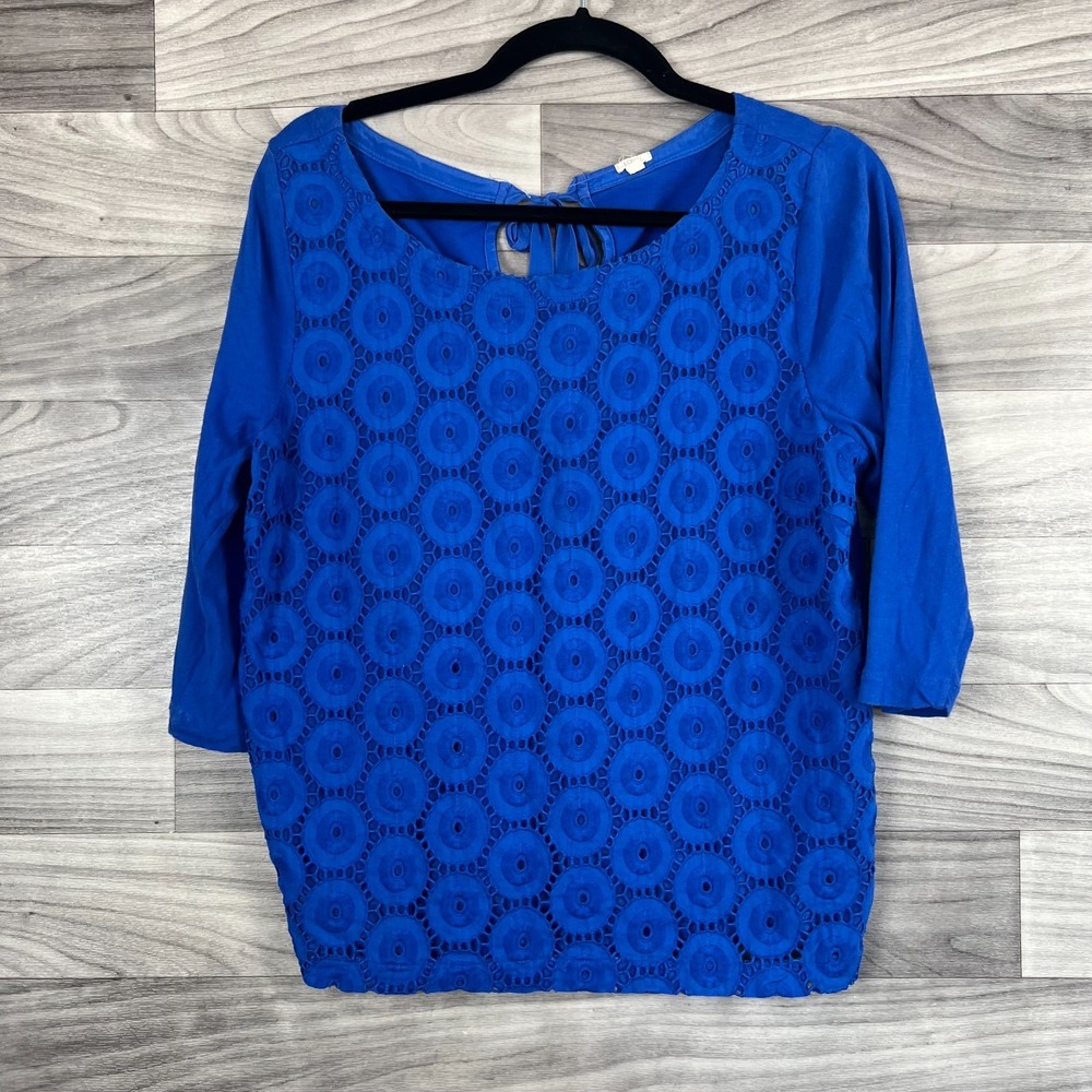 J.Crew Blouse Top Women's Medium Blue Cotton‎ Eyelet Lace Tie Back 3/4 Sleeve